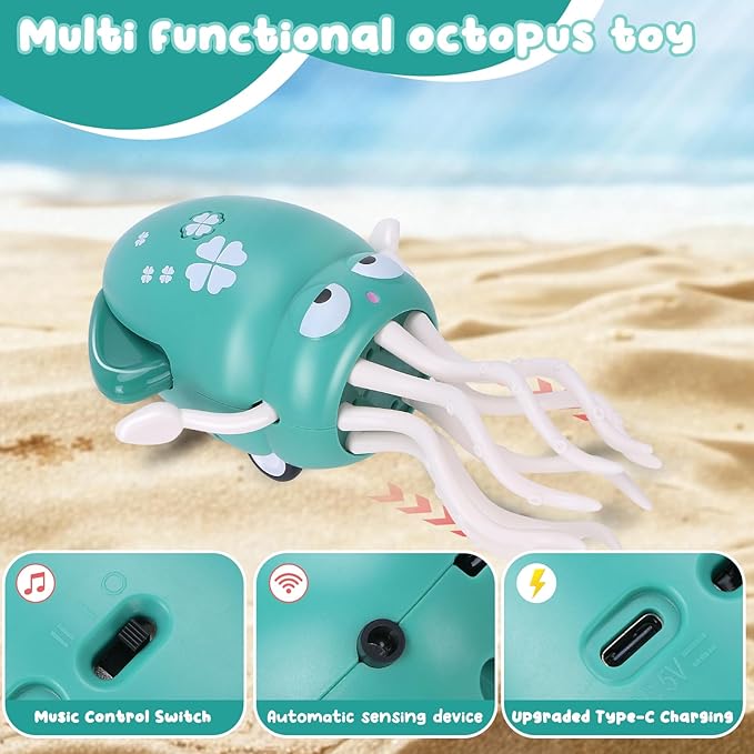 Dancing Octopus Baby Toy, Tummy Time Toys, with Music and Led Light, Automatically Avoids Obstacles, Crawling Toy Suitable for Birthday Gifts for Toddlers Over One Month Old(Green)