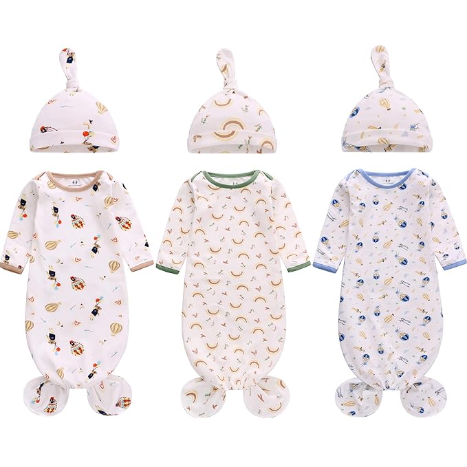 Newborn Knotted Nightgown Long Sleeve with Matching Hat Set 3 Pack, Cotton Baby Sleeper Gowns Sleeping Bags Home Outfits Set with Mitten Cuffs for Boys Girls (Balloon + Rainbow + Bear, 6-12 Months)