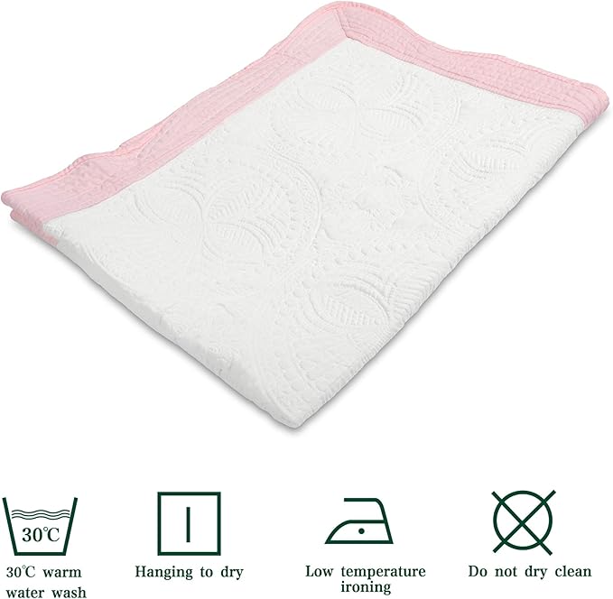 MONOBLANKS Baby Quilt Personlized Monogram Lightweight Embossed Scalloped Throw Blanket Four Seasons (White-Pink Trim)