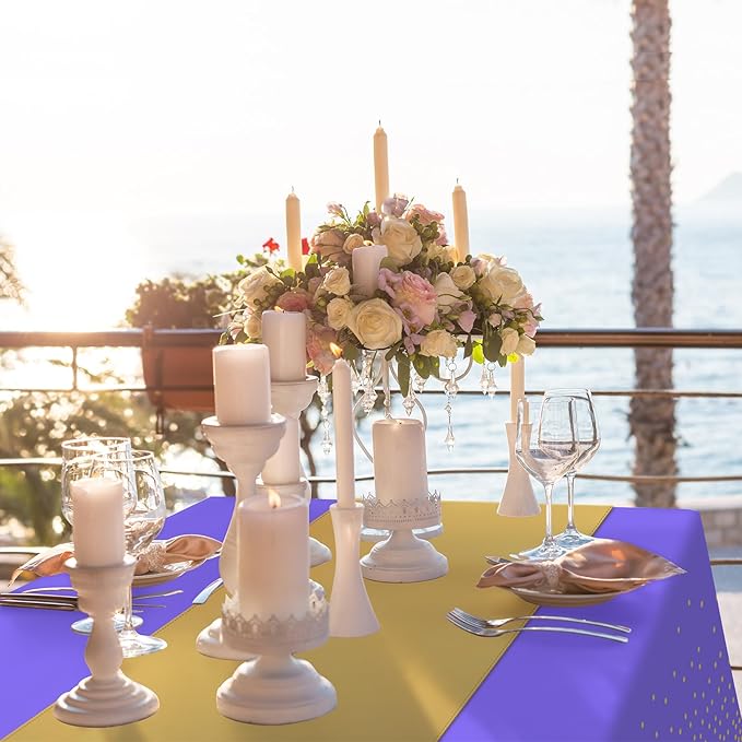 8Pack Disposable Plastic Tablecloths and Satin Table Runner Set Purple and Gold Dot Tablecloth Gold Satin Table Runner for Wedding Birthday Baby Shower Anniversary Christmas New Year Party Supplies