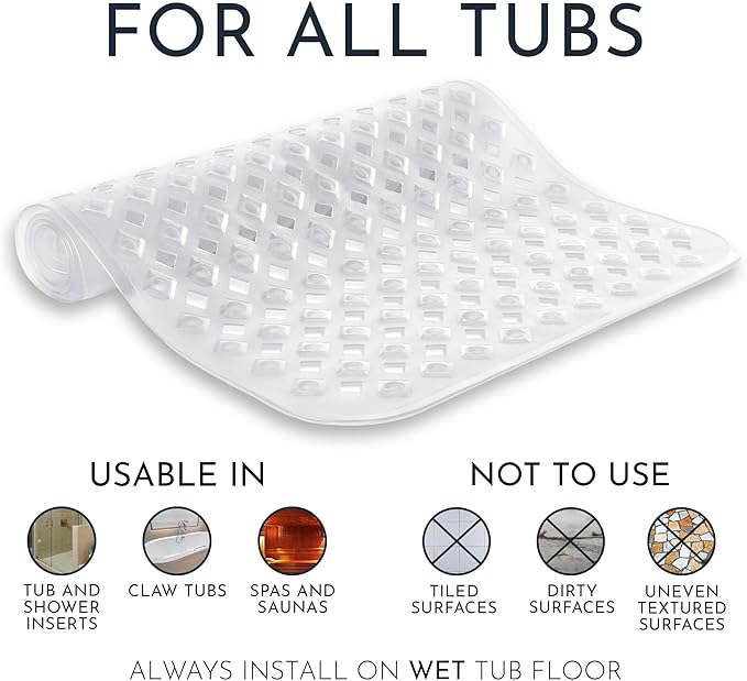homerella® Bath Mat for Tub Non Slip Mold Resistant 35x16 - Shower Mat Non Slip Anti Mold - Bath Tub Mat Suction Cups incl. Hooks for Drying - Bathtub Mat Non Slip - ANI Slip Shower Mat Inside Tub