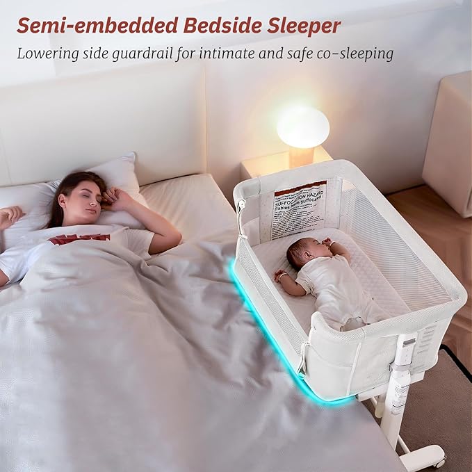 Rocking Bassinet for Baby Automatic Bedside Crib Electric Cradle 5 Heights Adjustable Bedside Sleeper for Babies Infant Smart Auto Rocking Crib 3 in 1 Bassinet on Wheels, White