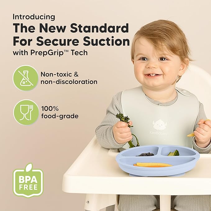 KeaBabies Suction Plates for Baby, Toddler - 3-Pack 100% Silicone Toddler Plates with Suction, Divided, BPA-Free Baby Led Weaning Essentials for Kids, Dishwasher, Microwave Safe, Durable (Rain)