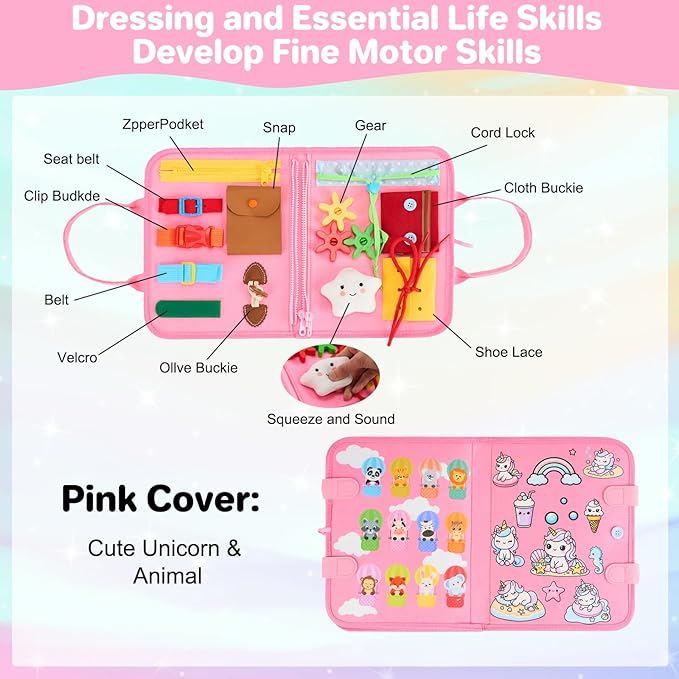 Toddler Busy Board Montessori Toys, Sensory Toys for 1 2 3 4 Year Old Girl, Busy Book Travel Educational Activities for Learning Fine Motor Skills Birthday Gifts (Pink Unicorn/P10)