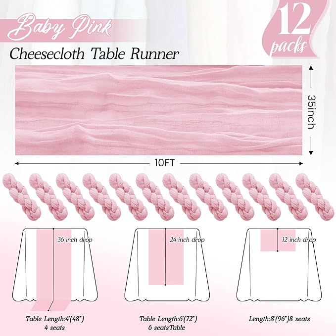 12Pack Pink Table Runner 35 x 120 inch Cheesecloth Table Runner 10FT Boho Table Runners Rustic Gauze Cheese Cloth Table Runners for Party Wedding Birthday Dining Bridal Shower Baby Shower Decor