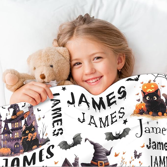 Ship Next Day, Custom Halloween Blanket - Printed in USA, Personalized Baby Blankets with Name, Gift for Kids Girls Boys, Unique Present for Birthday, Christmas, Halloween Bats Toddler Blanket