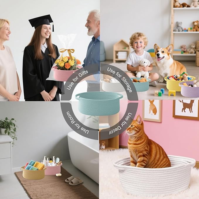 Gift Basket with Gift Bag and Ribbons,Small Rope Woven Shelf Storage,Baskets for Gifts Empty,Birthday,Shower,Decorative Organizer Box for Cat Dog Pet with Handles(Aqua)