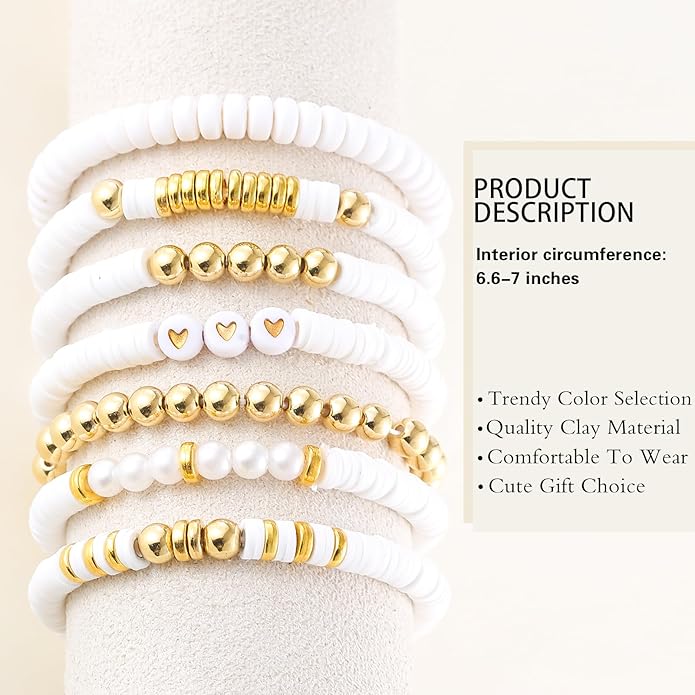 Friendship Bracelets Trendy Heishi Clay Bead Bracelets Stack Gold Beaded Stretch Bracelets for Women Boho Stackable Bracelets Bulk Cute Preppy Jewelry