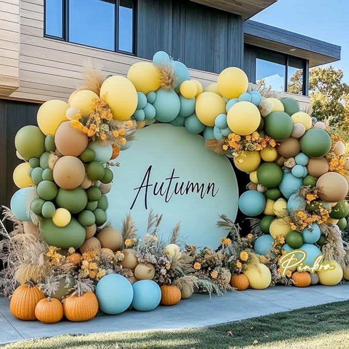 Blue Yellow Green Balloon Garland Double Stuffed Sage Green Dusty Blue Yellow Gold Balloons Pastel Balloon Arch Kit for Bear Baby Shower Wild One Birthday Wedding Anniversary Party Decorations