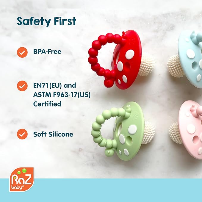 RaZbaby Soft Silicone Infant & Baby 3M+ Teether Toy Massaging Bristles Teething Relief Pacifier - Soothes Sore Gums - Hands-Free & Easy-to-Hold Chompy Teether, BPA Free (RED/Pink)