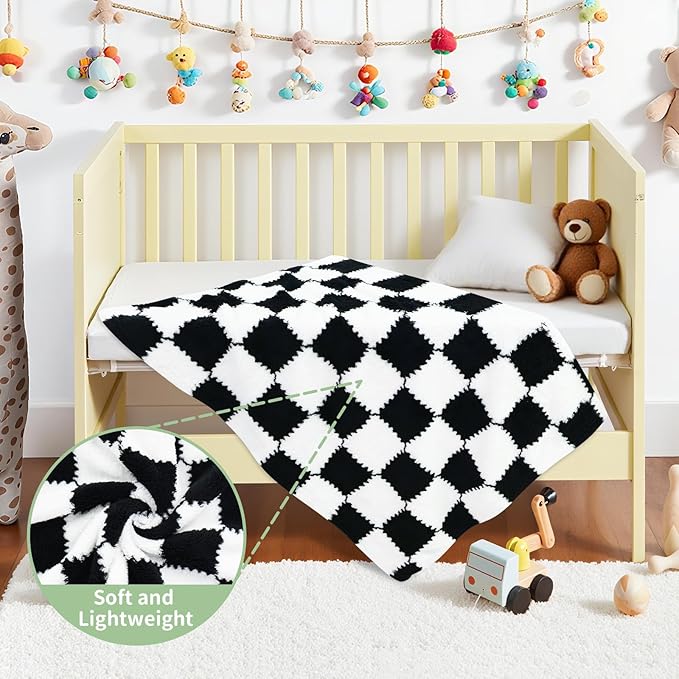 Checkered Baby Blanket for Boys, 2 Pack Soft Baby Boy Blankets, Small 28 x 40 inches Toddler Fleece Blanket, Essentials Crib Stroller Items, Newborn Gift (Black)