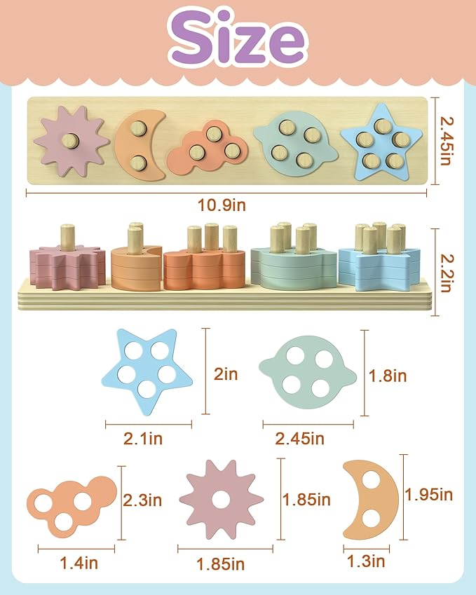 Montessori Toys for 1 2 3 Year Old Boy Girl, Star Shaped Toys for Ages 2-4 Toddlers Kids Baby, 1 2 Year Old Boy Girl Birthday Gifts, Wooden Learning Puzzles Shape Sorter Toy for Toddlers