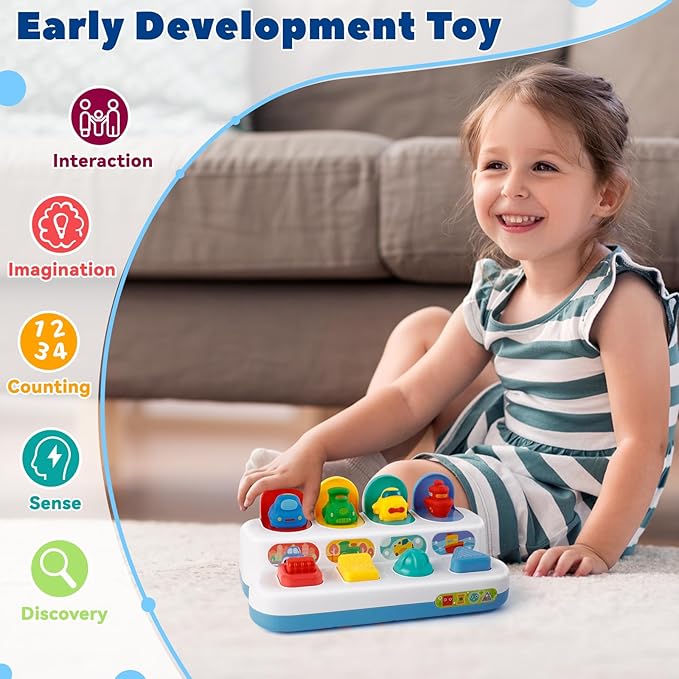 Interactive Cause & Effect Pop Up Vehicle Toys for Toddlers 1-3 Years, Sensory Montessori Toys for Infants 8-12 Months, Fun Hide and Seek Play for Boy Girl