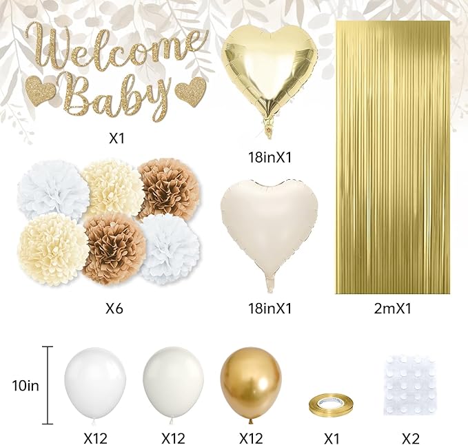 Gold White Baby Shower Decorations,Welcome Baby Banner with Sand White Gold Balloons Fringe Curtains Paper Pom Poms Flowers Tassels for Girl Boy Boho Baby Shower Gender Reveal Party Supplies