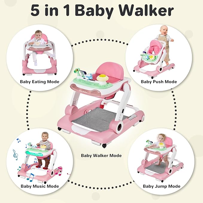 Baby Walker with Wheels, 5 in 1 Walker for Baby Boy Girl 6-12 Months with Bouncer, Music and Lights Baby Jumper Activity Center, Adjustable Height Speed, Push Walker for Ages 6-18 Months Toddler