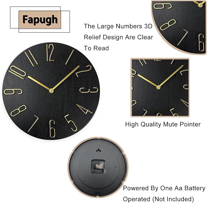 Faupugh 12 inch Wall Clock, Silent Wall Clock, Wall Clocks Battery Operated, Suitable for Home, Office, School, Kitchen, Bedroom, Living Room (Without Second Hand)