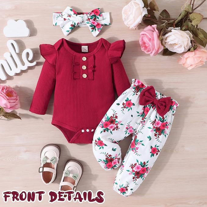 Baby Girl Clothes Newborn Infant Outfits Ruffle Romper+ Floral Pants + Cute Headband Sets for Girls