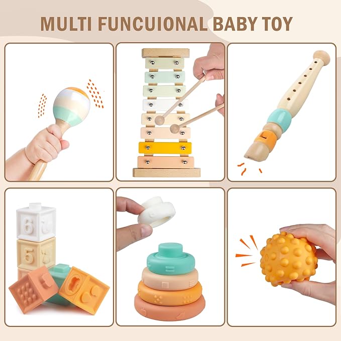 Baby Toys 6-12 Months Montessori Toys for Babies 6-12-18 Months,Wooden Stacking Building Blocks,Infant Teething Toys Sensory Balls,Xylophone Musical Toy,Birthday Gift for Toddlers 1+ Year Old (6 in 1)