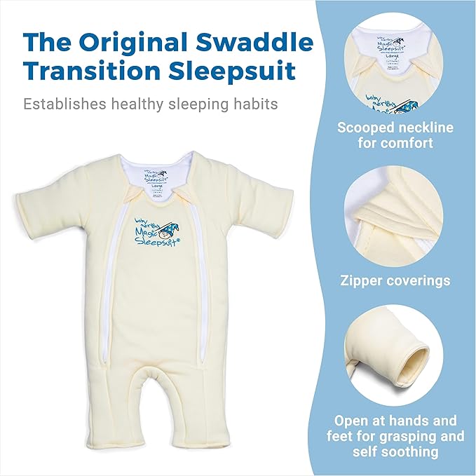 Magic Sleepsuit Baby Merlin's Bamboo/Cotton Baby Swaddle Transition Product - Soft and Cozy Design, Double Zipper for Easy Diaper Changes, Promotes Safe Sleep, 3-6 Months - Cream - Large 12-18lbs