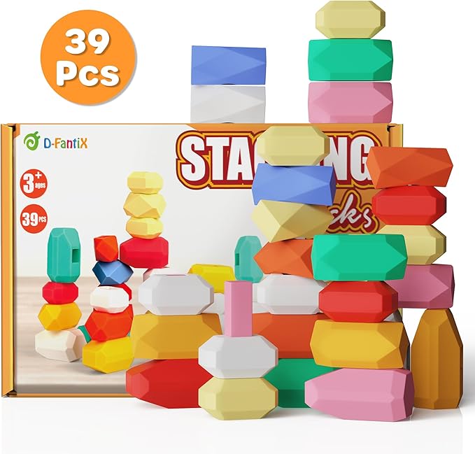 D-FantiX 39 PCS Silicone Sorting Stacking Rocks Stones, Sensory Learning Montessori Toys for 3 4 5 6 Year Old Kids, Educational Stacking Toys Building Blocks for Toddlers