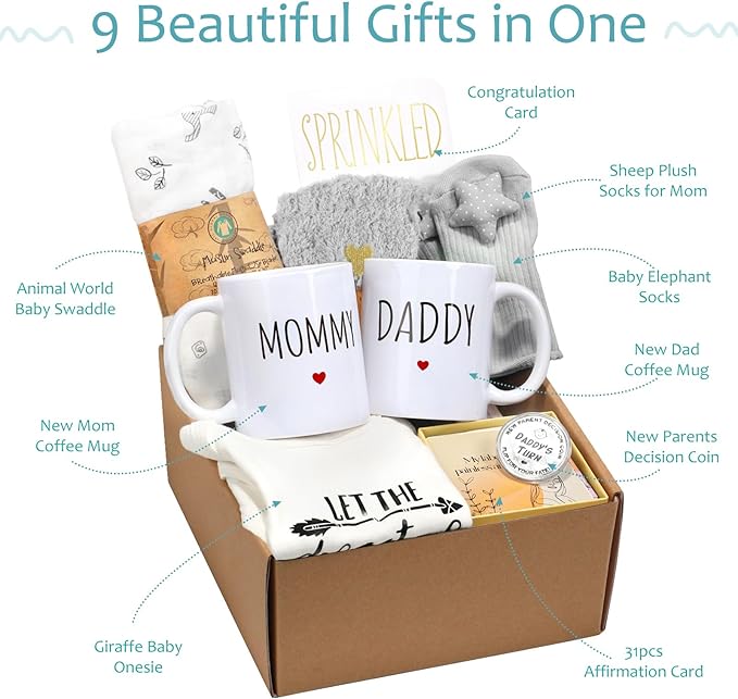 New Mom Gifts for Women, 9pcs Pregnancy Gifts for Expecting Mom, Cute Baby Gifts New Parents Gifts for Couples with Mom and Dad Mugs for Gender Reveal, Baby Shower, First Time Mom Gifts (Blue Gray)