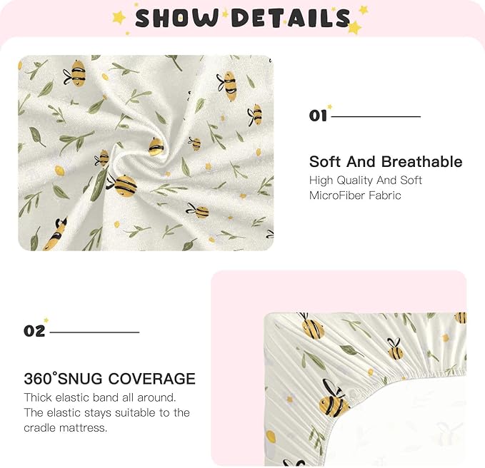 Baby Crib Sheets Bee Honey Crib Sheets for Boys Girls,Neutral Bassinet Toddler Bed Play Sheets Breathable Soft and Portable 52 * 28 * 9in