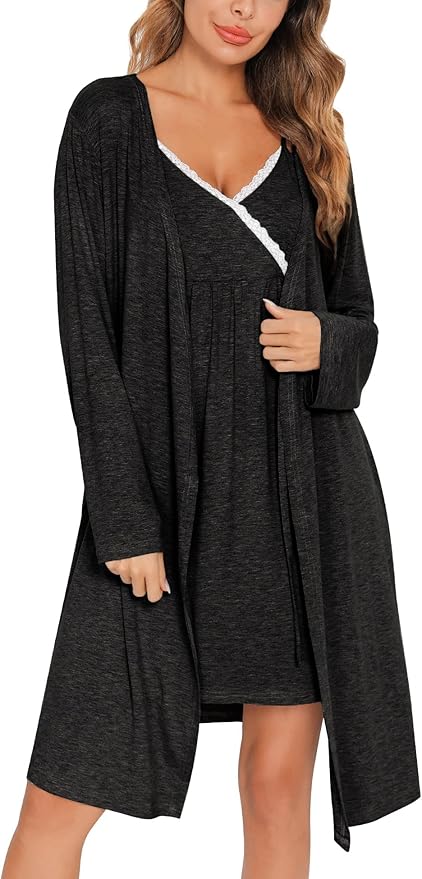 SWOMOG Womens Maternity Robe 2 Piece Nursing Nightgown for Breastfeeding 3 in 1 Labor Delivery Nursing Dress Lace Bathrobe