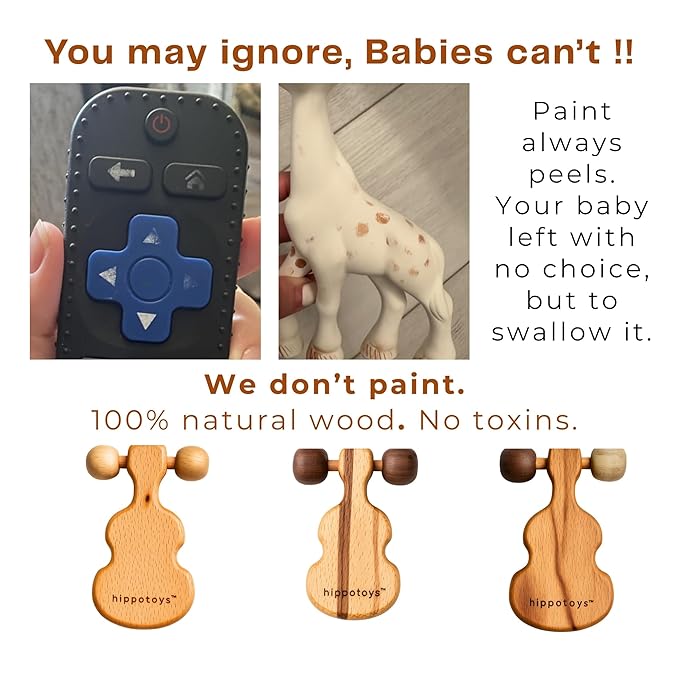 HippoToys Wooden Teething Toy – USA’s First Real Natural Teether & Rattle for Babies 0–12 Months – Handcrafted Beech & Walnut Wood – No Fake Natural, No Silicone, No Rubber