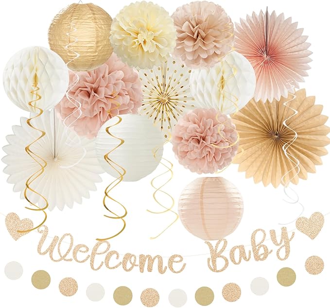 Champagne-Gold Fall Boho Baby Shower Party-Decorations - 21pcs Girls Welcome Baby Banner,Beige One Sweet Peach Paper Lanterns Pom Poms, Neutral Streamers Garland Decor Favors Huglony