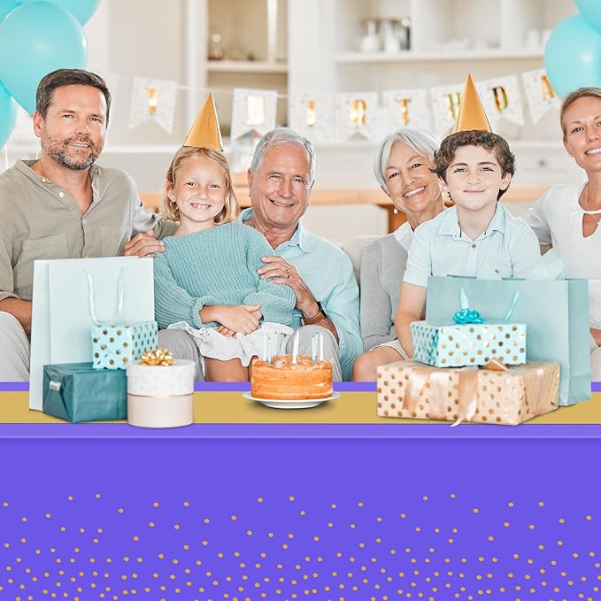 8Pack Disposable Plastic Tablecloths and Satin Table Runner Set Purple and Gold Dot Tablecloth Gold Satin Table Runner for Wedding Birthday Baby Shower Anniversary Christmas New Year Party Supplies