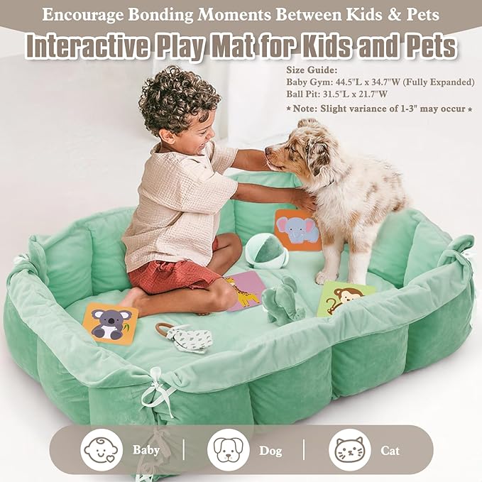 5-in-1 Plush Baby Play Gym, Baby Play Mats, Convertible Baby Gym with Pillow, Tummy time mat, Baby&Ped Bed, 6 Sensory Toys, Activity Center from Newborn to Toddler, Ball Pit, Rectangular Sage Green