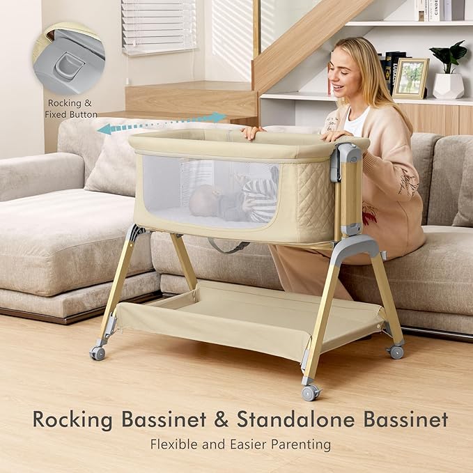 Bassinet Bedside Sleeper, Rocking Bassinets with Comfy Mattress and Wheels for Newborn, 5-Height Adjustable (Beige)