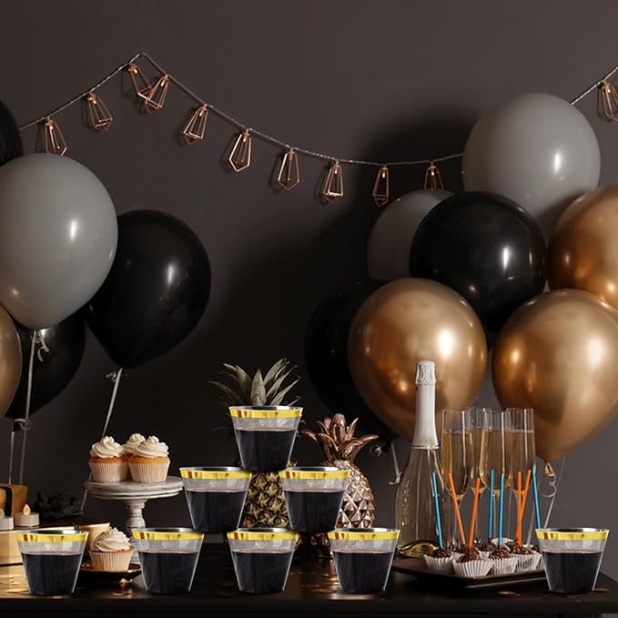 Superrnal 100pcs Gold and Black Plastic Cups 9OZ Elegant Gold Rimmed Clear Party Cups Fancy Disposable Wedding Cup Plastic Cup for Party,Gatherings, Afternoon Tea