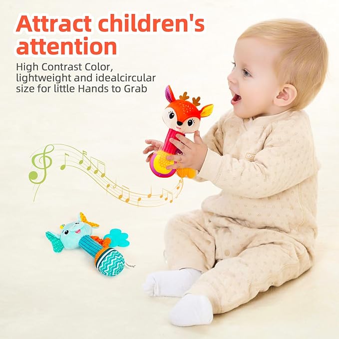 Baby rattles 0-6 months, Set of 2 rattles for babies 0-6 months, Soft Stuffed Animal Rattle Hand Grip Baby Toys, baby rattle Shaker Crinkle Squeaky Sensory Travel Accessories for 0 3 6 9 12 Months old