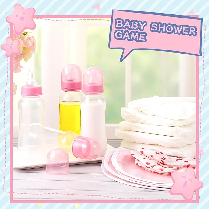 8 Sets Bottle Chug Baby Shower Games Plastic Baby Bottles Bulk Diapers Gender Reveal Games Hat and Adult Bib Race Game Decoration for Girl Adults (Stylish Style,Pink)