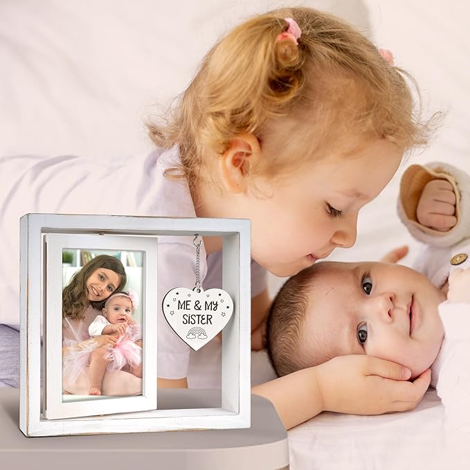 Me and My Sister Picture Frame,Baby Gifts for Girls,Big Sister Gifts for Girls,Room Decor Vintage Style,Baby Gender Neutral Rotating Photo Frame 4x6