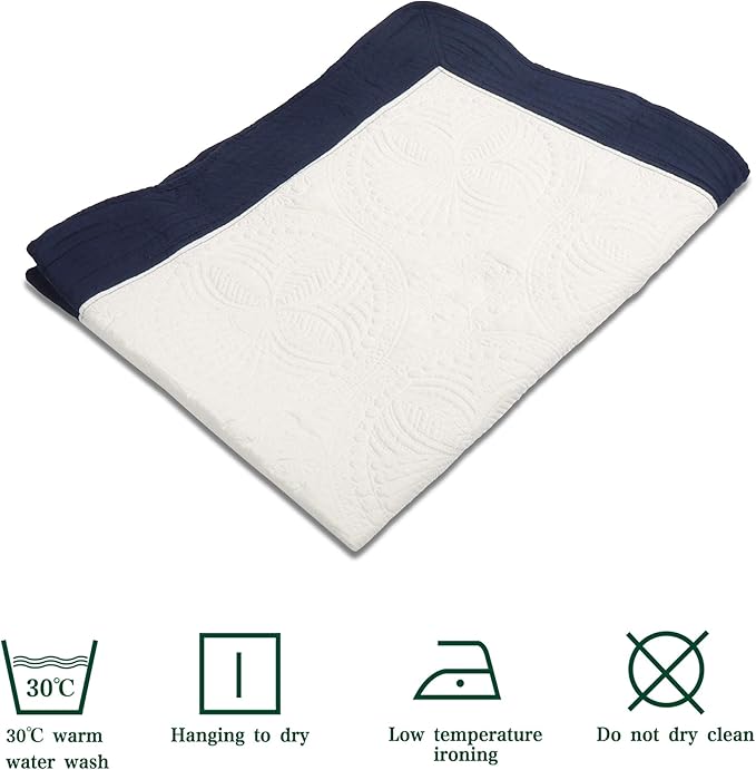 MONOBLANKS Baby Quilt Personlized Monogram Lightweight Embossed Scalloped Throw Blanket Four Seasons (White-Navy Trim)