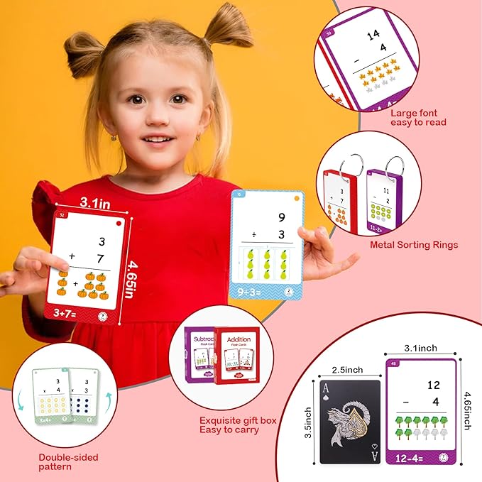 220Cards, 424Pictures Educational Math Flash Cards, Addition Subtraction Multiplication Division Flash Cards, for 7,8,9,10,11Years, 2ed, 3rd,4th,5th, 6th Grade Boys Girls.(Add Sub MUL Div Set)