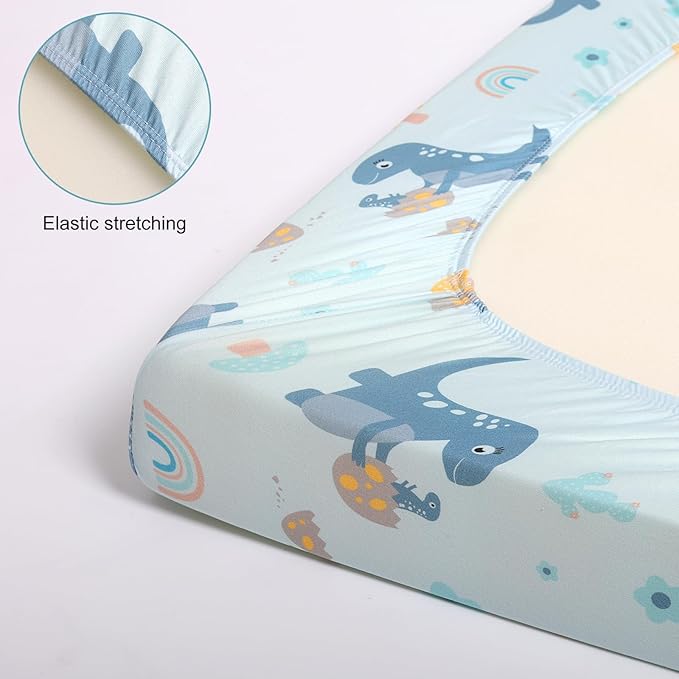 Pack n Play Flat Sheet 2 Piece Mini Crib Sheet Elastic Playard Sheet Set Portable Sheet Set Elastic Convertible Playmat Compatible Graco Pack n Play (Owl and Tree Bag) (More Dinosaurs)