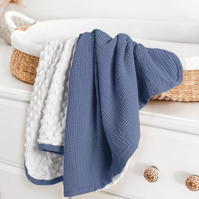 lulumoon Baby Blanket for Newborn Receiving: Minky Dot & Muslin Lightweight - Thermal Blanket Gift for Baby Shower & Hospital Welcoming 30"x40"(Blue)