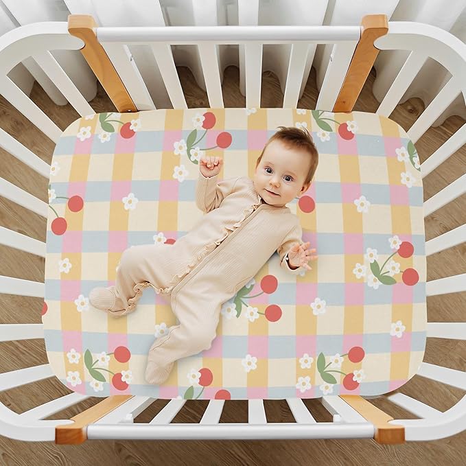 Baby Crib Sheets Gingham Flowers Crib Sheets for Boys Girls,Neutral Bassinet Toddler Bed Play Sheets Breathable Soft and Portable 52 * 28 * 9in