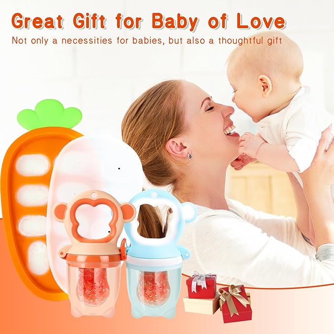 Baby Fruit Food Feeder - Silicone Nibble Tray Combo - Breastmilk Popsicle Mold for Cooling Relief, BPA Free Mesh Feeder for Infant Self Feeding (Monkey Blue Orange + Carrot)