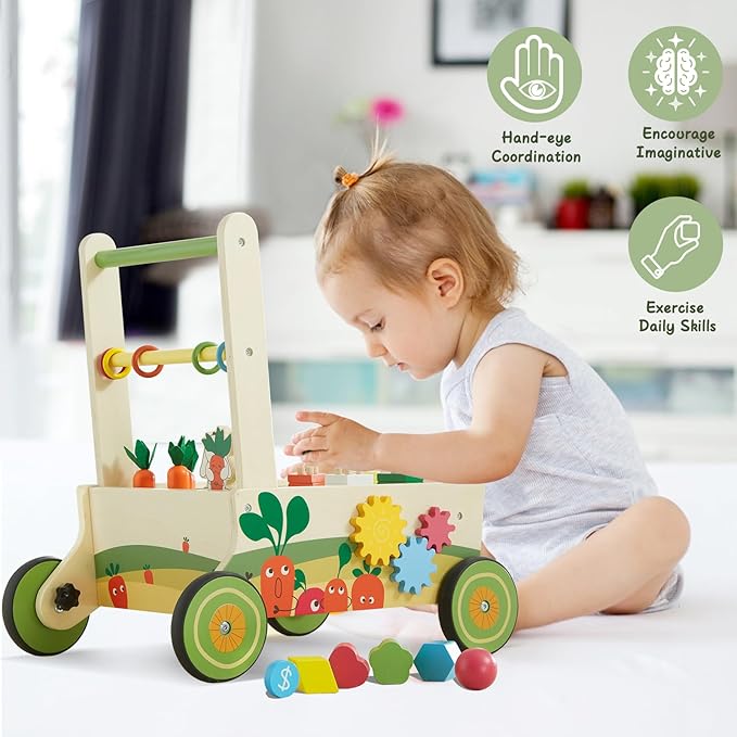 Beright 12-in-1 Wooden Baby Walker, Toddler Activity Center Toys, Wooden Baby Push and Pull Toys, Baby Push Walker, Multiple Play, Develops Motor Skills & Stimulates Creativity, Upgraded