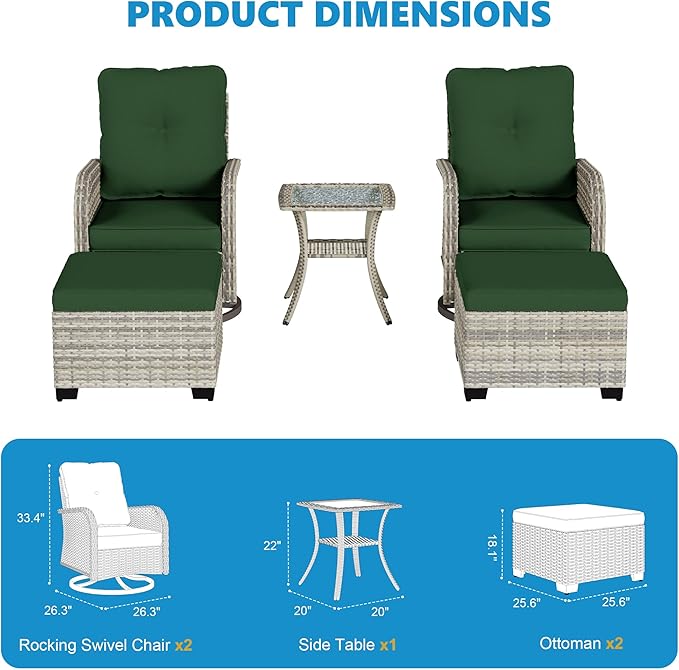 5-Piece Small Patio Furniture Set, Outdoor Swivel Rocking Chairs Set with Ottomans, Patio Bistro Set for Balcony, Deck, Porch, Dark Green