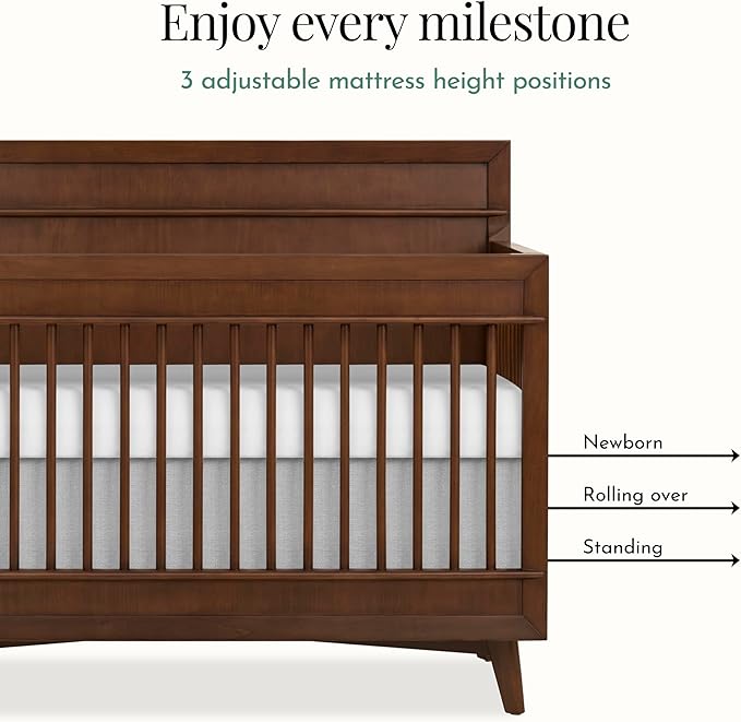 Evolur Loft Antilia Mid-Century 4-in-1 Crib in Walnut, Greenguard Gold & JPMA Certified, Baby Crib Converts to Toddler Bed, Daybed & Full Bed