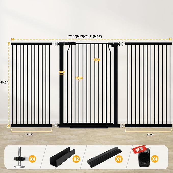40.5" Tall Baby Gate 71.2-74" Wide No Drilling Tall Pet Gate Cat Gate Extra Wide Baby Gate Safety,Extra Narrow Auto-Close for Indoor Stairs, Doorways, and Kitchen