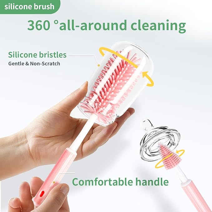 Bottle Cleaning Brush Set, Long Handle Silicone Brush, Detachable Cotton & Nylon Cup Scrubber, Straw Brushes for Baby Bottle, Sippy Cup, Glass Bottle, Tumbler, Tube, Nipple & More