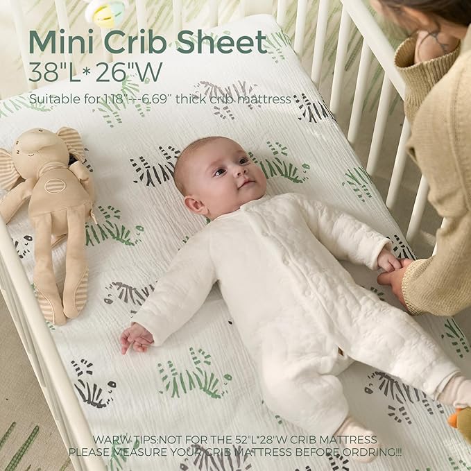 Momcozy Best Wishes Muslin Fitted Mini Crib Sheets, 38''x26'', 2 Pack Soft Breathable Natural Cotton Baby Mattress Sheet, 360° Mattress Wrapping Boys Girls Neutral Toddler Bed Sheett, Bravery Zebra