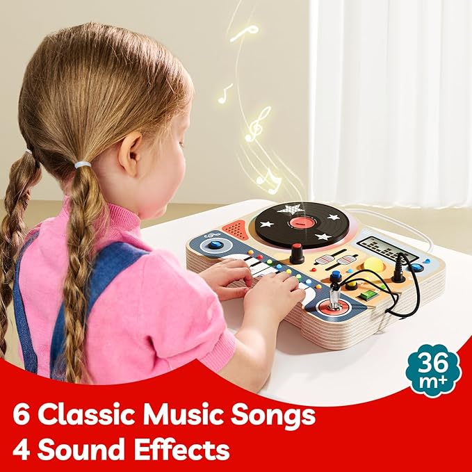 TOP BRIGHT DJ Busy Board with LED Light, Wooden Toddler Toys for 3 Year Old Boys and Girls, Montessori Sensory Toy with 6 Classic Songs 4 Sound Effects, Portable Travel Toy for 36M+