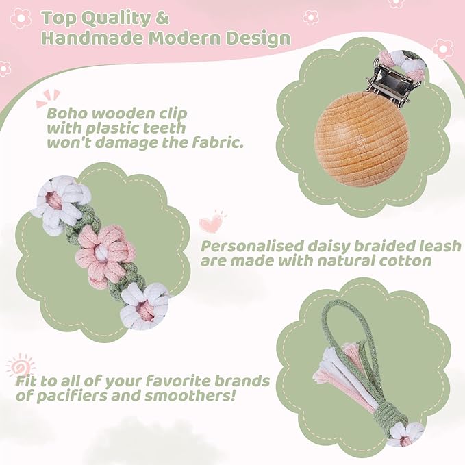 Pacifier Clip for Boys Girls Floral Daisy Macrame Baby Paci Clip Pacifier Holder Leash Boho Wooden Clips Handmade Braided Cotton Binky Clips (1pack:Misty Rose)